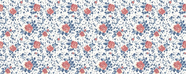 Vintage Ditsy Red Roses and Blue Petals Pattern