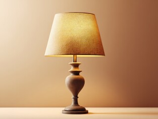 table lamp with fabric shade, isolated on soft beige background, ambient glow, classic interior styling