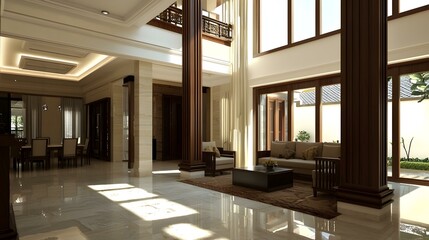 Sunlit Modern Living Room Interior Design. Luxurious home with elegant furniture, large windows, and high ceilings.