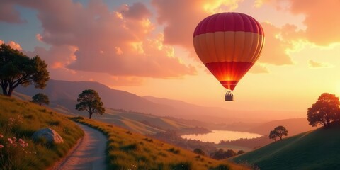 Obraz premium Serene Sunset Hot Air Balloon Ride Over Rolling Hills and a Tranquil Lake