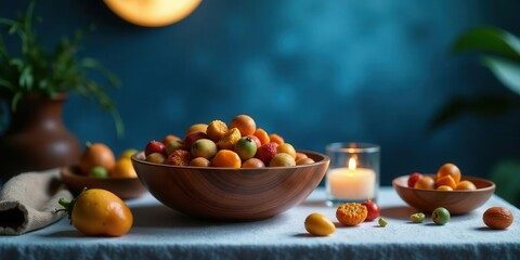 A wooden bowl filled with an assortment of vibrant, exotic fruits sits on a table, illuminated by candlelight, creating a warm and inviting atmosphere.
