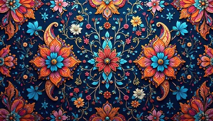 Intricate paisley floral pattern, rich jewel tones, cream, gold, vibrant