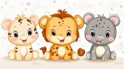 Obraz premium Adorable Baby Animals Lion Cub, Tiger Cub, and Elephant Cub Illustration