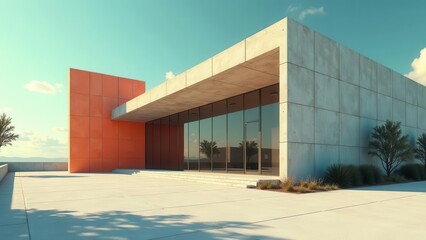 Modern Architectural Design A Contemporary Concrete and Orange Building with Expansive Glass Windows and a Sunlit Plaza