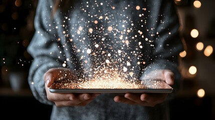 Magical golden sparkles emanating from a tablet held in hands, bokeh background.  Image depicts digital magic and wonder.