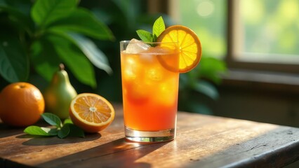Fototapeta premium Refreshing citrus iced beverage garnished with orange and mint, sitting on rustic wooden table near fresh fruit in sunlight