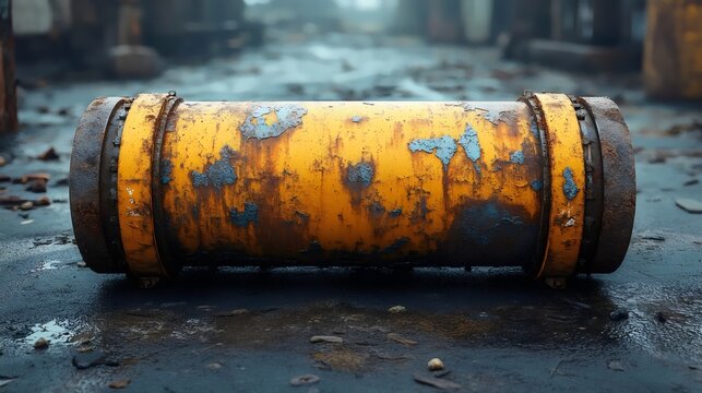 An old, weathered yellow metal pipe covered in rust lies on a textured industrial surface.