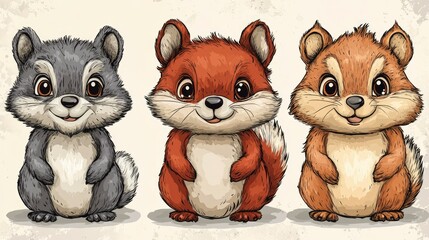 Fototapeta premium Three Adorable Cartoon Squirrels Gray, Red, and Brown - Cute Animal Illustration