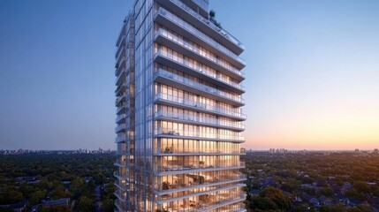 Fototapeta premium Modern high-rise condominium building with glass balconies and clear sky in the background