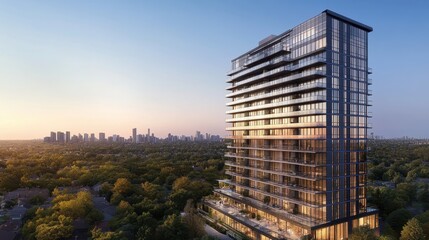 Modern high-rise condominium building with glass balconies and clear sky in the background