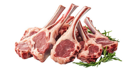 fresh arrangement of lamb chops. showcasing their pinkish-red meat and prominent bones. garnished with sprigs of rosemary the clean. white background highlights the quality and presentation of the mea