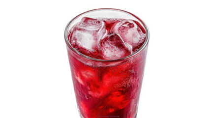 a refreshing glass filled with ice and a vibrant red drink. showcasing the condensation on the glass. suggesting a cool beverage ideal for warm weather or social gatherings the drink appears inviting