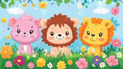 Three Adorable Cartoon Lion Cubs in a Flower Garden