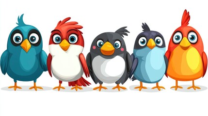 Obraz premium Five Cartoon Birds Standing Together in a Row