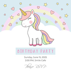 Vector illustration of a birthday party invitation featuring a cute unicorn standing on clouds with a pastel rainbow, stars, and hearts. Perfect for children's events and celebration themes.