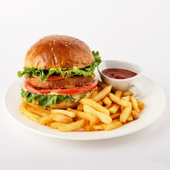A scrumptious Hamburger served with crispy French Fries and a