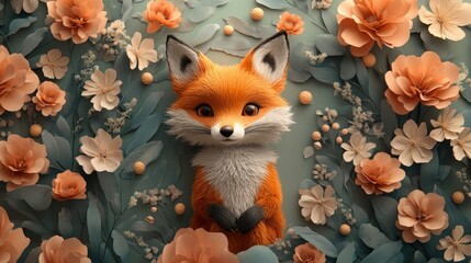 Fototapeta premium Adorable 3D Rendered Fox Surrounded by Paper Flowers