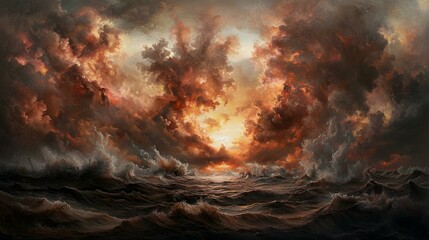 Fiery sunset over a stormy sea, dramatic cloudscape, powerful waves, painting.