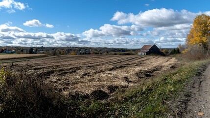 Rustic barn in a harvested field under a bright autumn sky.