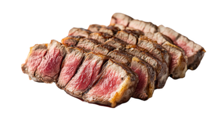 a perfectly cooked and sliced steak. highlighting its juicy pink interior and charred exterior. emphasizing its appeal as a gourmet food item the presentation suggests a focus on culinary excellence a