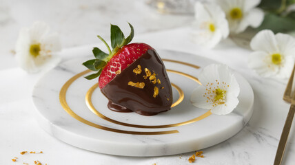 Single strawberry dipped halfway in glossy chocolate resting on a marble plate, with gold flakes sprinkled on top, elegant and clean composition