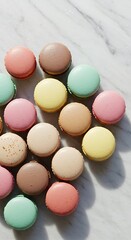 A pastel-colored assortment of French macarons arranged in a circle on a marble slab, soft daylight highlighting their delicate texture, minimalist composition