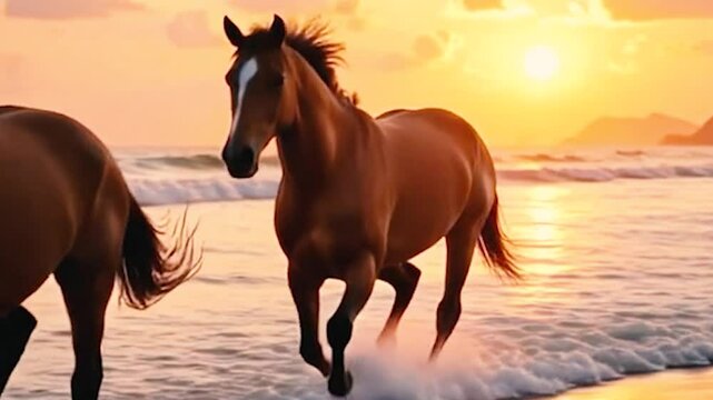 Horse on the beach with sunset