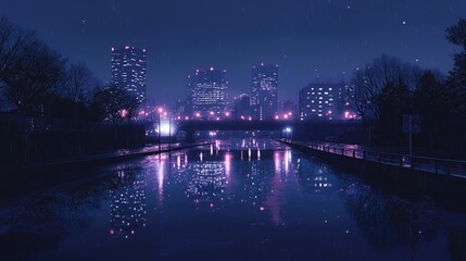 A serene rainy night view of a city skyline reflecting on water.