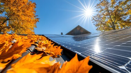 Solar Panels Installed on Roof of House Surrounded by Autumn Leaves