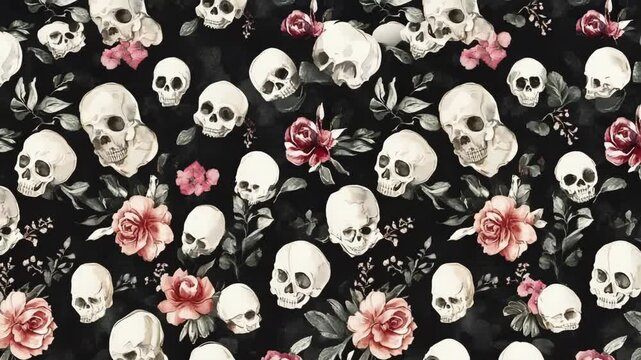 Repetitive skull pattern with roses and foliage on a black backdrop, creating a gothic floral design for backgrounds and textiles