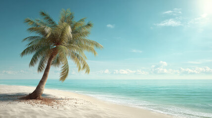 Fototapeta premium A solitary palm tree leans gently over a pristine white sand beach, where turquoise waves meet the shore under a brilliant, sun-drenched blue sky landscape.
