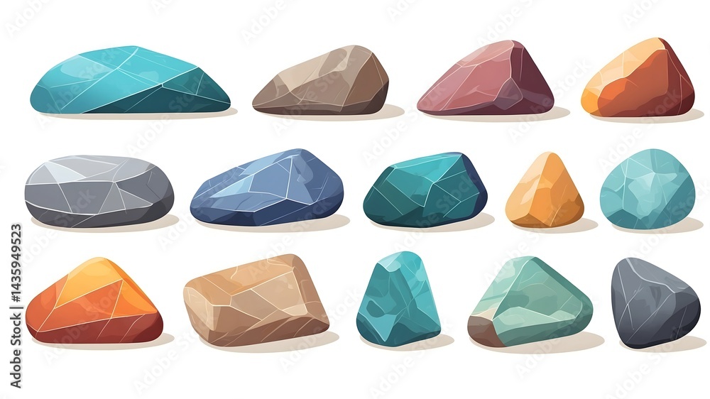Poster various colorful rocks on the ground with different shapes and sizes. Each rock features a unique and eye-catching look