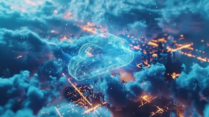 Fototapeta premium Futuristic digital cloud with neon lights floating over a glowing cityscape.