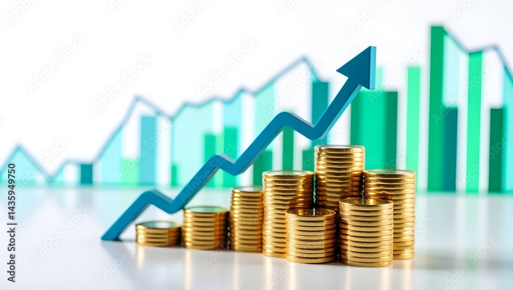 Poster growing stacks of gold coins with an upward trending arrow and a bar graph in the background.