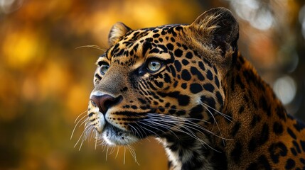 Obraz premium Majestic Leopard Portrait Against Autumnal Background