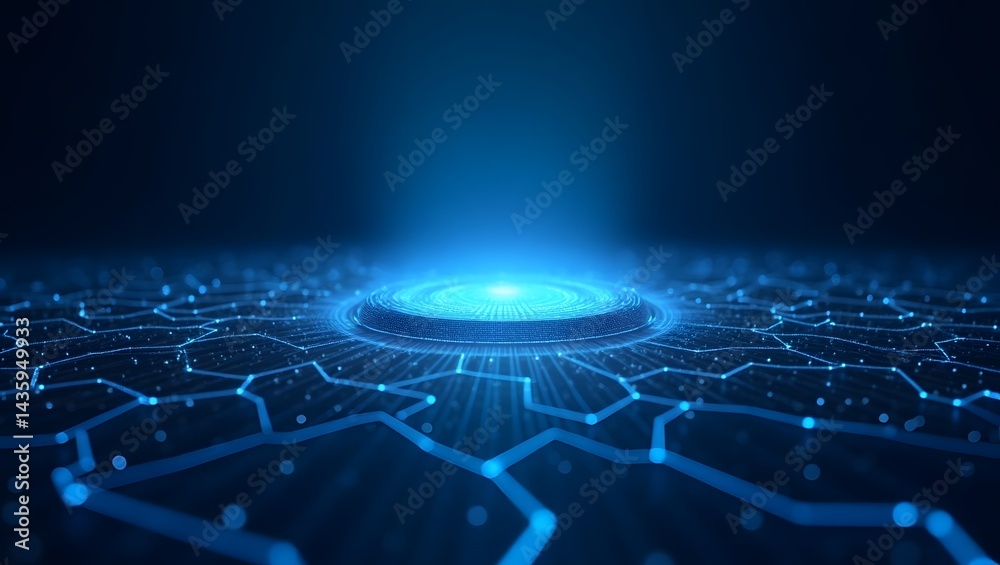 Poster a high-tech circuit board with a bright blue light at the center, creating a futuristic and innovati