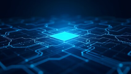glowing blue computer processor with intricate circuit patterns 