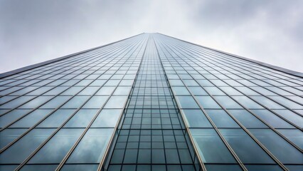 Fototapeta premium Tall Modern Skyscraper with Glass Facade Reaching Towards Overcast Sky