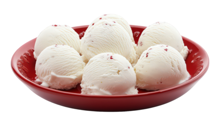 a red plate holds six perfectly shaped scoops of creamy white ice cream. showcasing a smooth texture. with a few red flecks on top. suggesting a hint of flavor or mix-ins the presentation is inviting.