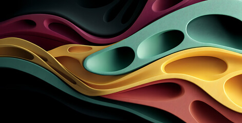 Abstract, fluid, and colorful shapes in the dark, a 3D rendering illustration on a black background with space for text or design. Generative AI
