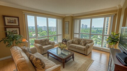 Fototapeta premium Stylish condo living room with neutral tones, large windows, and elegant furnishings