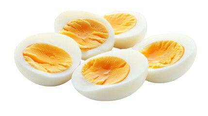 a group of five halved boiled eggs. featuring bright yellow yolks surrounded by smooth white egg whites the arrangement highlights the texture and color contrast. making it appealing for culinary pres
