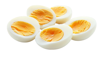 a group of five halved boiled eggs. featuring bright yellow yolks surrounded by smooth white egg whites the arrangement highlights the texture and color contrast. making it appealing for culinary pres