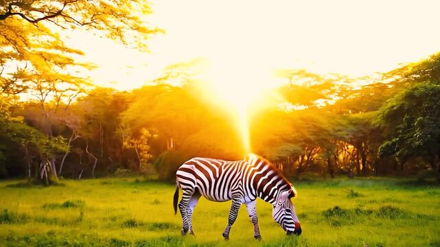 Zebras eating grass in the wild with sunset