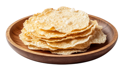 wooden plate filled with several thin. crispy wafers. showcasing their delicate texture and slight sheen these wafers are often enjoyed as a snack or accompaniment to meals. highlighting their role in
