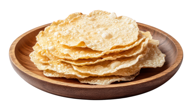 wooden plate filled with several thin. crispy wafers. showcasing their delicate texture and slight sheen these wafers are often enjoyed as a snack or accompaniment to meals. highlighting their role in