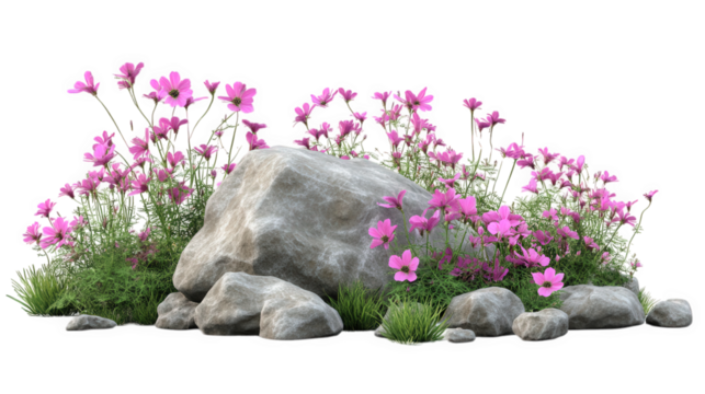 natural arrangement of pink flowers blooming among a cluster of rocks. set against a white background this composition emphasizes the beauty of nature and can be used for decorative or illustrative pu