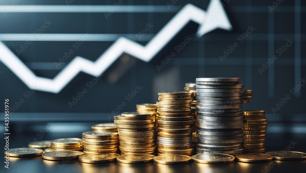 Poster a coin stack in a row with a financial graph indicating upward movement