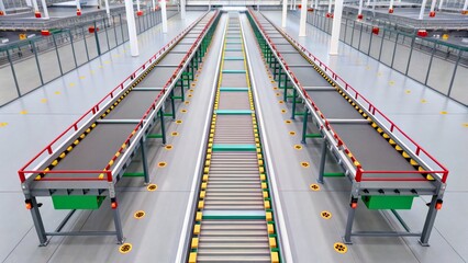 Obraz premium Modern Conveyor System in Efficient Warehouse or Distribution Center Environment