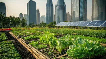 Fototapeta premium Rooftop garden with integrated solar panels, representing sustainable urban design